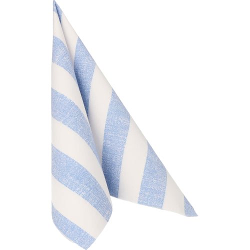 A blue PAPSTAR GmbH "ROYAL Collection" 40 x 40 cm napkin with broad diagonal stripes hangs against a plain white background, highlighting the elegance of the PAPSTAR 50 napkins in generous format.