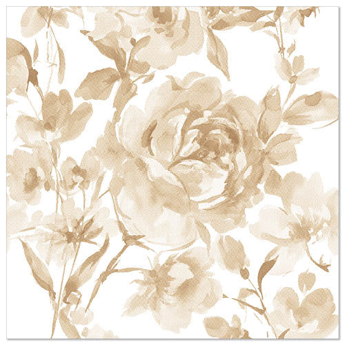 A delicate, watercolor-like, beige floral design with abstract roses adorns the PAPSTAR 50 napkins "ROYAL Collection" 1/4-fold 40x40 cm in sand from PAPSTAR GmbH - perfect for any elegantly set table.