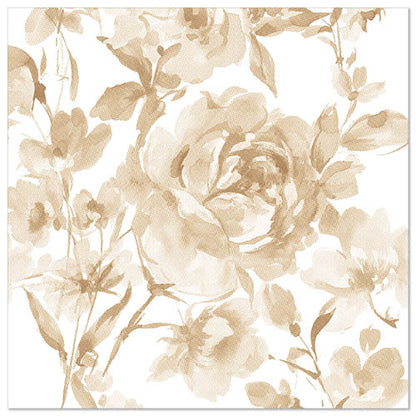 A delicate, watercolor-like, beige floral design with abstract roses adorns the PAPSTAR 50 napkins "ROYAL Collection" 1/4-fold 40x40 cm in sand from PAPSTAR GmbH - perfect for any elegantly set table.