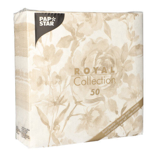 It is a 50-pack of PAPSTAR "ROYAL Collection" 1/4-fold napkins (40 x 40 cm) in sand, whose transparent packaging displays the beige napkins and the branding of PAPSTAR GmbH on the front.