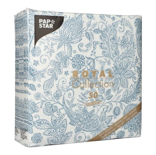 A pack of 50 PAPSTAR Royal Collection napkins (40 x 40 cm, blue, 1/4 fold) from PAPSTAR GmbH. With luxurious design, ideal for elegant occasions.