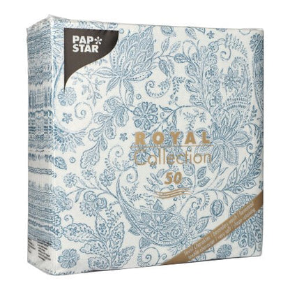 A pack of 50 PAPSTAR Royal Collection napkins (40 x 40 cm, blue, 1/4 fold) from PAPSTAR GmbH. With luxurious design, ideal for elegant occasions.