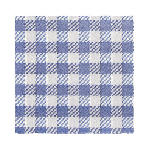 The 100 napkins from PAPSTAR GmbH, 1-ply 1/4-fold, 33 x 33 cm, feature a blue and white gingham pattern with alternating squares. FSC-certified for an environmentally friendly choice - perfect for stylish and eco-conscious settings.