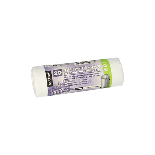 A roll of 20 Starpak LDPE garbage bags (60 l, 72 x 60 cm) with lavender scent, packed in a white sleeve with a purple-green band with product details and Starpak branding.