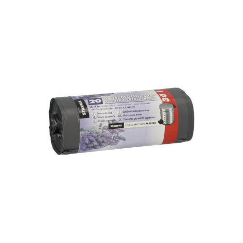 A roll of Starpak 20 garbage bags made of LDPE, gray with lavender scent (30 l, 60x50 cm), contains 20 scented bags per package. The label shows product details and a lavender image.