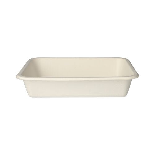 The PAPSTAR 125 sealable trays made of sugarcane by PAPSTAR GmbH are rectangular, biodegradable disposable trays with slightly inclined sides – eco-friendly packaging, shown from the front against a white background.