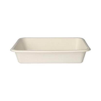 The PAPSTAR 125 sealable trays by PAPSTAR GmbH are rectangular, cream-colored food trays made of sugarcane with angled sides – perfect for eco-friendly packaging.