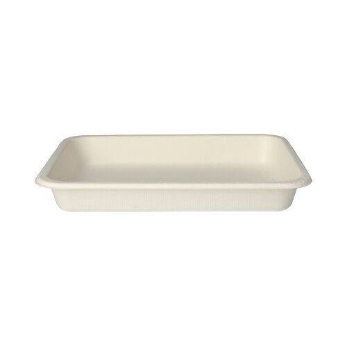 The tray PAPSTAR 125 sealable trays by PAPSTAR GmbH is a rectangular, flat, cream-colored tray made from biodegradable sugarcane with slightly rounded corners and raised edges, depicted against a plain white background.