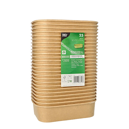 A stack of 25 rectangular, brown packaging cups made of cardboard from PAPSTAR GmbH with a green product detail label on the front. These eco-friendly containers are made from biodegradable cardboard.