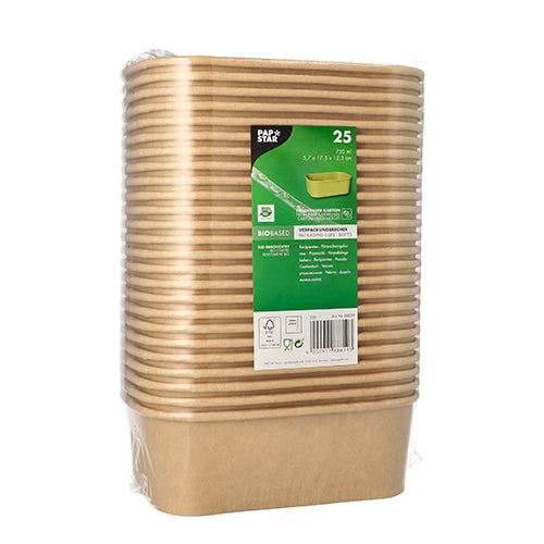 A bundle of 25 PAPSTAR packaging cups, rectangular and brown made of cardboard, is plastic-wrapped and features a green label with information and symbols for bio-based, sustainable materials from PAPSTAR GmbH.