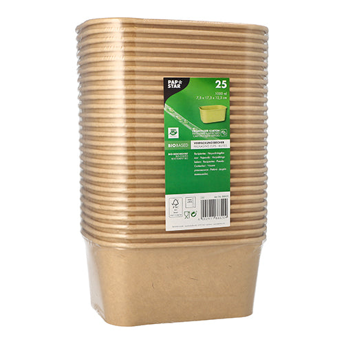 A pack of 25 rectangular brown PAPSTAR GmbH packaging cups made of cardboard, hygienically wrapped in foil with a green label and environmental symbols – ideal for eco-friendly packaging.