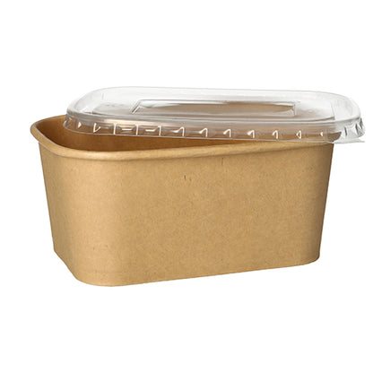A rectangular brown food container made of cardboard with a transparent lid from PAPSTAR GmbH, depicted at an angle on a white background – ideal as an eco-friendly packaging solution: PAPSTAR 25 packaging cups, rectangular brown cardboard.