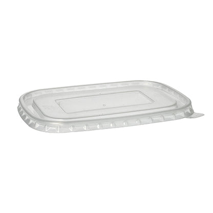The Starpak 25 lid for packaging cups made of PP, rectangular (1 cm x 17.3 cm x 12.3 cm) in transparent foil is shown against a white background. The lid has a clear color, a slightly raised edge, and a flat center.