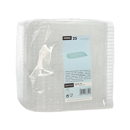 A pack of 25 rectangular, transparent Starpak PP lids for packaging cups (1 x 17.3 x 12.3 cm) is wrapped in plastic and has a blue and white label on the front with product and recycling information.