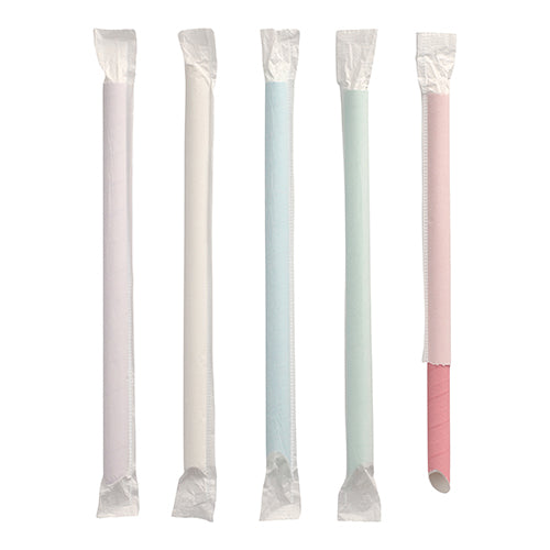 Five PAPSTAR bubble tea paper straws (Ø 12 mm, 20 cm, assorted colors) from PAPSTAR GmbH in pastel colors - white, light blue, light green, and pink - stand upright; each is individually wrapped, the pink straw is partially unwrapped.