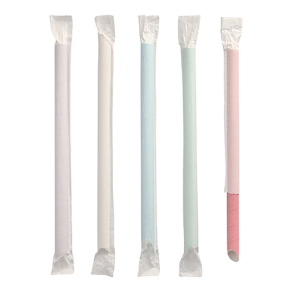 Five PAPSTAR bubble tea paper straws (Ø 12 mm, 20 cm, assorted colors) from PAPSTAR GmbH in pastel colors - white, light blue, light green, and pink - stand upright; each is individually wrapped, the pink straw is partially unwrapped.