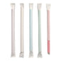 Five PAPSTAR bubble tea paper straws (Ø 12 mm, 20 cm, assorted colors) from PAPSTAR GmbH in pastel colors - white, light blue, light green, and pink - stand upright; each is individually wrapped, the pink straw is partially unwrapped.