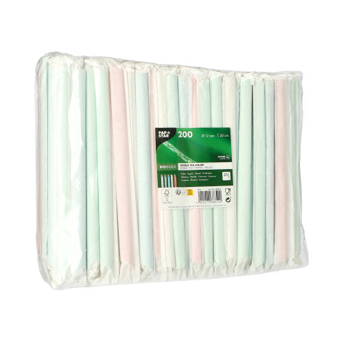 A transparent plastic packaging contains 200 PAPSTAR bubble tea paper straws (Ø12mm, 20cm), assorted in pastel colors. The label on the front shows product information and recycling symbols, making these paper straws from PAPSTAR GmbH a sustainable choice.