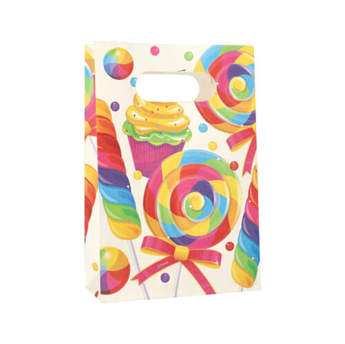 The 10 party gift bags made of paper from PAPSTAR GmbH feature a cut-out handle and are decorated with lollipops, a cupcake with yellow icing, and sweets on a cream-colored background – ideal for any celebration.