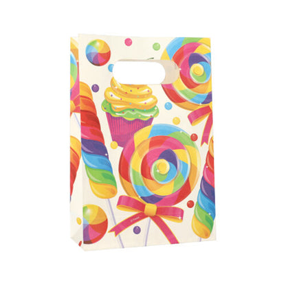 The 10 party gift bags made of paper from PAPSTAR GmbH feature a cut-out handle and are decorated with lollipops, a cupcake with yellow icing, and sweets on a cream-colored background – ideal for any celebration.