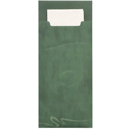 The PAPSTAR 520 cutlery bags (20 x 8.5 cm) from PAPSTAR GmbH feature a green paper sleeve with a subtle swirl pattern, containing a white 2-ply napkin (33 x 33 cm) that extends over the top edge of the sleeve.
