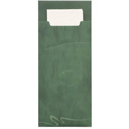 The PAPSTAR 520 cutlery bags (20 x 8.5 cm) from PAPSTAR GmbH feature a green paper sleeve with a subtle swirl pattern, containing a white 2-ply napkin (33 x 33 cm) that extends over the top edge of the sleeve.