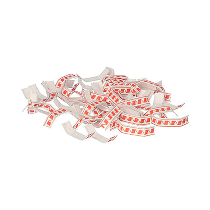 A stack of Starpak 1000 closure clips made of wire-reinforced paper in red/white (3.3 x 0.8 x 0.1 cm) reminiscent of broken fortune cookie slips with their zigzag pattern is shown isolated on a white background.