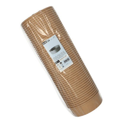 A 50-pack of Starpak round brown salad bowls made of cardboard with PE coating, plastic-wrapped, stacked, with a white product label and barcode on the front – versatile in use.