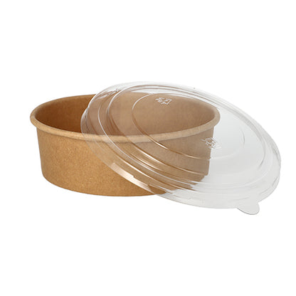 The Starpak 50 salad bowls are round, brown paper bowls with PE coating for long-lasting durability and are delivered with a clear plastic lid on a white background.