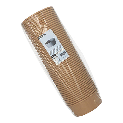 A pack of 50 Starpak salad bowls, round, brown paper bowls with PE coating, in clear plastic wrap with white info label – perfect for eco-friendly packaging. Brand: Starpak.