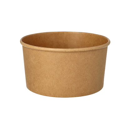 The Starpak 50 salad bowls are round, brown paper bowls with smooth sides and without a lid, made from eco-friendly cardboard with PE coating – ideal for salads and sustainable use.