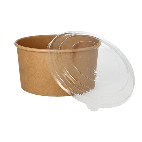 A Starpak 50 salad bowl, cardboard with PE coating round brown, is partially open with a clear plastic lid on a plain white background. The empty container highlights the robust brown paper design of Starpak.