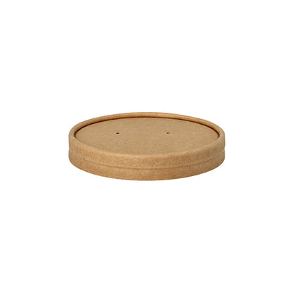 The Starpak 25 lid for soup cups is a round, brown paper lid with a flat top and raised edges - ideal as a secure lid for your Starpak soup cup.