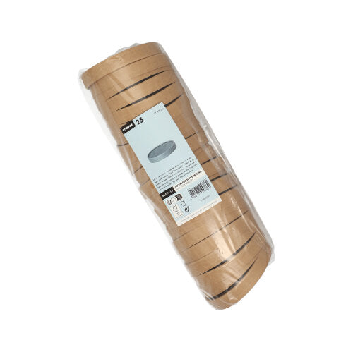 A stack of 25 round Starpak lids for soup cups made of cardboard, wrapped in plastic film and labeled with quantity and purpose, is presented against a white background - ideal for pairing with Starpak soup cup bowls.