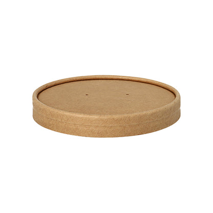 The Starpak 25 lid for soup cups is a round, flat, brown paper lid with two small holes in the center, designed by Starpak for soup cups and depicted against a plain white background.
