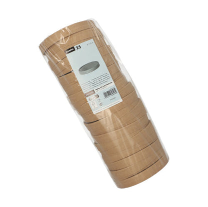 A transparent package with 25 round, brown Starpak paper lids for soup cups is tightly stacked. The package features a white label - perfectly matching the Starpak soup cup for convenient serving.