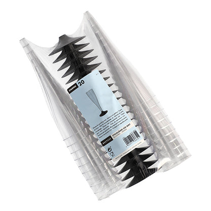 A transparent plastic package with 20 tall, slender Starpak stem glasses for white wine (crystal-clear PS), stacked with a white label with product information, barcode, and a diagram of an elegant glass.