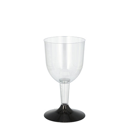 The Starpak 20 stem glasses for white wine, made of clear polystyrene with black stem and base, are perfect for serving white wine or other stem glasses on any occasion.