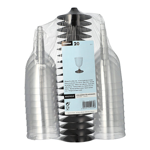 A stack of 20 Starpak stem glasses for white wine made of clear PS is wrapped together in foil, with a light blue label showing product information and a simple illustration of a wine glass in an elegant design.