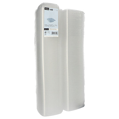 A pack of 100 transparent, rectangular Starpak packaging cups with hinged lids (PP), bundled in plastic with a product label on the front.