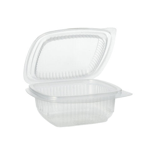 The Starpak 100 packaging cups with hinged lids, PP rectangular, transparent from Starpak are open and empty depicted against a white background.