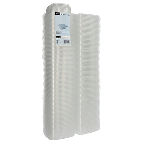 A pack of 100 transparent, rectangular Starpak packaging cups made of PP with hinged lids stands upright. A Starpak label on the top shows details about these versatile cups and their quantity.