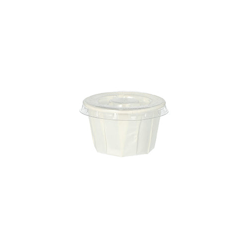 The Starpak 125 lid for dressing cups is a transparent, round PET lid (Ø 5.9 cm, 0.7 cm) for condiment cups. It is depicted on a white background for optimal clarity. Package contains 125 pieces.