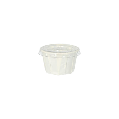 The Starpak 125 lid for dressing cups is a transparent, round PET lid (Ø 5.9 cm, 0.7 cm) for condiment cups. It is depicted on a white background for optimal clarity. Package contains 125 pieces.