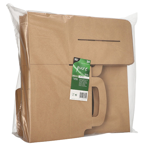 In a transparent plastic bag is a stack of PAPSTAR 20 lunch boxes, cardboard “pure”, rectangular (12.5 x 15.5 x 22.5 cm) with a carrying handle from PAPSTAR GmbH. On the front of the packaging, a green-white product label is visible.