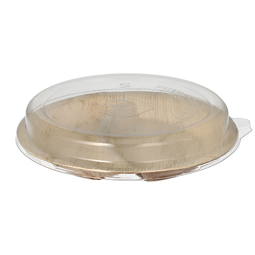 The Starpak 10 plates palm leaf 2-part 300 ml Ø 23 cm · 5.3 cm with rPET lid "Combo Pack" consists of environmentally friendly, divided plates with clear lids that fit securely together and are depicted on a white background.