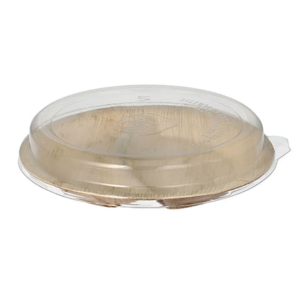 The Starpak 10 plates palm leaf 2-part 300 ml Ø 23 cm · 5.3 cm with rPET lid "Combo Pack" consists of environmentally friendly, divided plates with clear lids that fit securely together and are depicted on a white background.