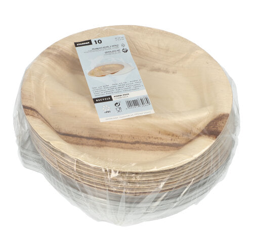 Ten round, divided Starpak palm leaf plates (300 ml, Ø 23 cm · 5.3 cm) with rPET lid in wood look. The environmentally friendly combo pack is shrink-wrapped in foil and provided with a product label.