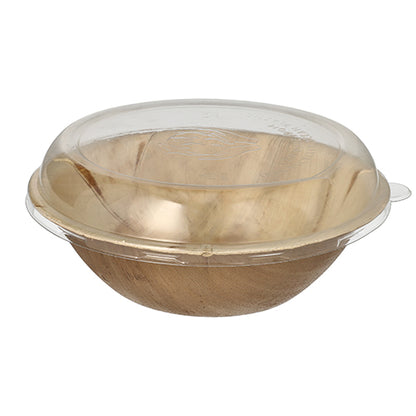 The Starpak 10 Bowl Combo Pack consists of round palm leaf bowls with transparent rPET lids, combining biodegradable, eco-friendly materials. The light brown bowls and transparent lids are depicted on a plain white background.