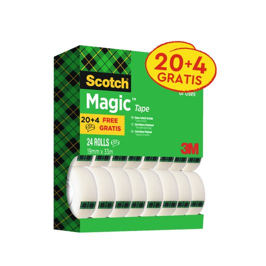 Eine 24-Rollen-Wertpackung Scotch® Magic™ Unsichtbares Klebeband (19 mm x 33 m) der 3M Deutschland GmbH, mit einem "20+4 GRATIS"-Etikett und den Rollen, die am Boden der grün-schwarz karierten Schachtel sichtbar sind.
